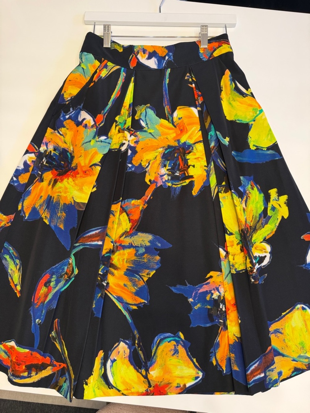 Milly Black Floral A-Line Midi Skirt with Yellow & Blue Brushstroke Print